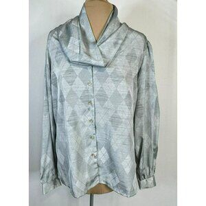 Vintage Womens Gailord Silver Blouse Size 16 Cowl Neck Geometric Secretary